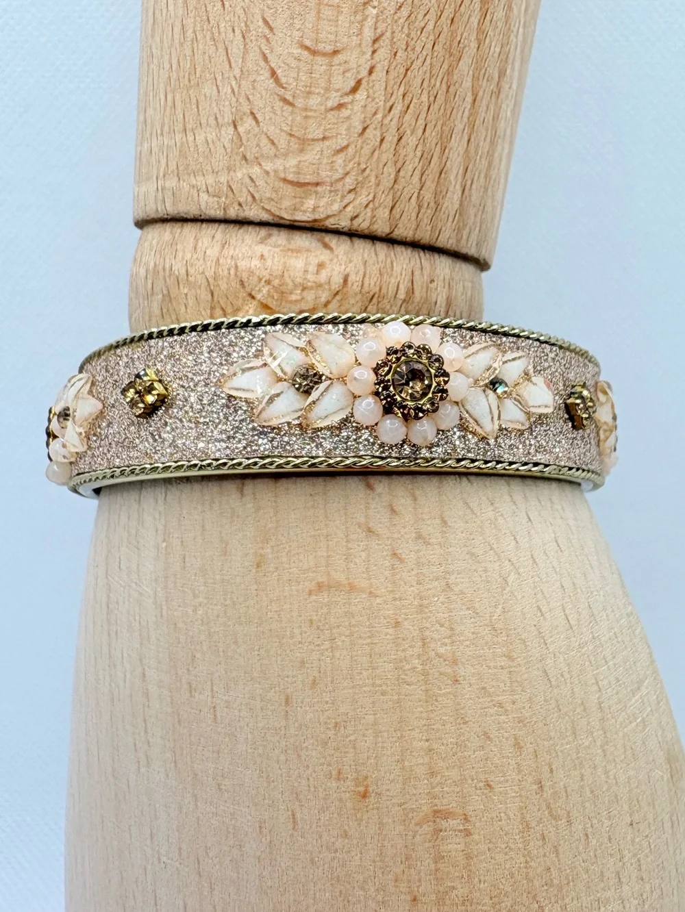 Rosy Pink Peach Color Glitter Bangle Floral Beaded Design Goldtone Size 6.5